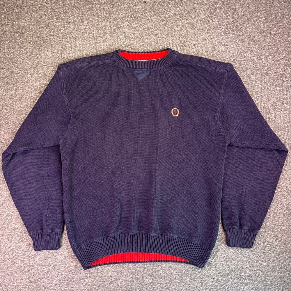 Vintage Y2K Tommy Hilfiger Sweater Mens XL Navy‎ Blue Heavy Pull Over Crew Crest